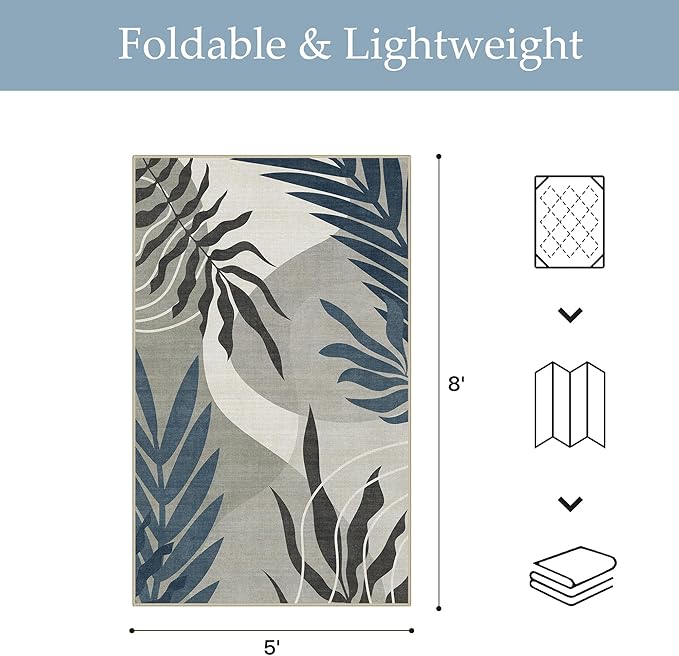 GENIMO Outdoor & Indoor Area Rug 5'x8', Waterproof, Non-Shedding, Easy Cleaning, Leaf Mat for Patio, Living Room, Balcony, Dining Room, RV, Deck, Bedroom, Camping, Outside Carpet, Blue Grey