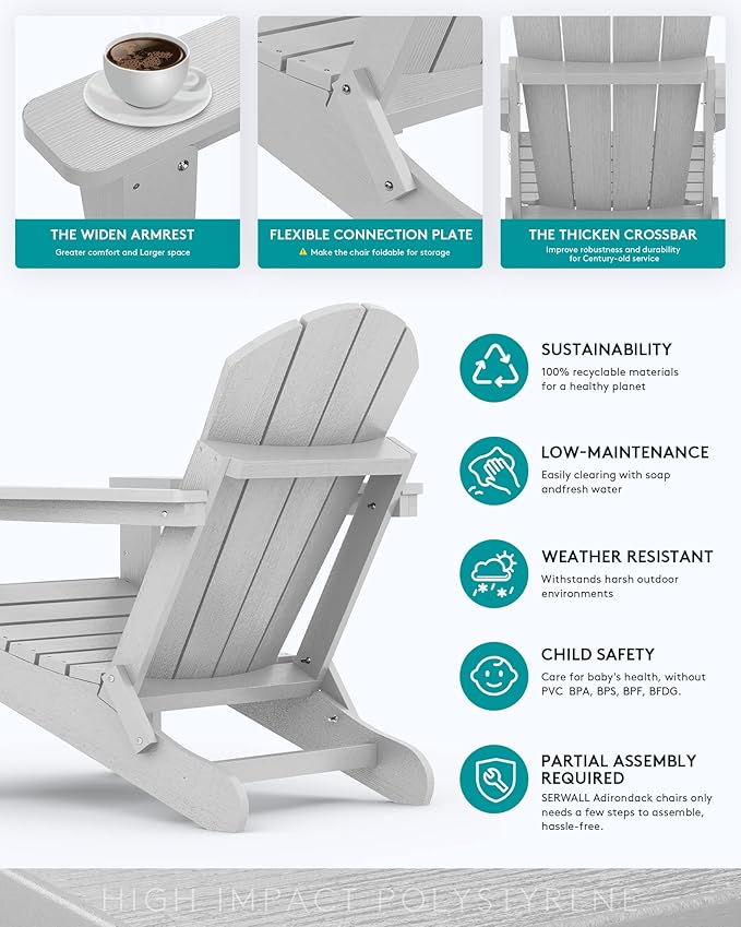 SERWALL Folding Adirondack Chair Set of 6 for Patio Garden Outdoors Fire Pit- Spanish Gray