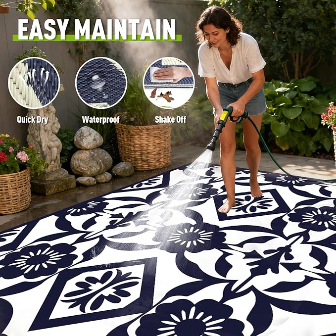 WILDROOTS 8x10 Feet Klein Plastic Outdoor Rug, Stain Resistant Waterproof Reversible Outdoor Patio Rug, Fade Resistant Camping Rug
