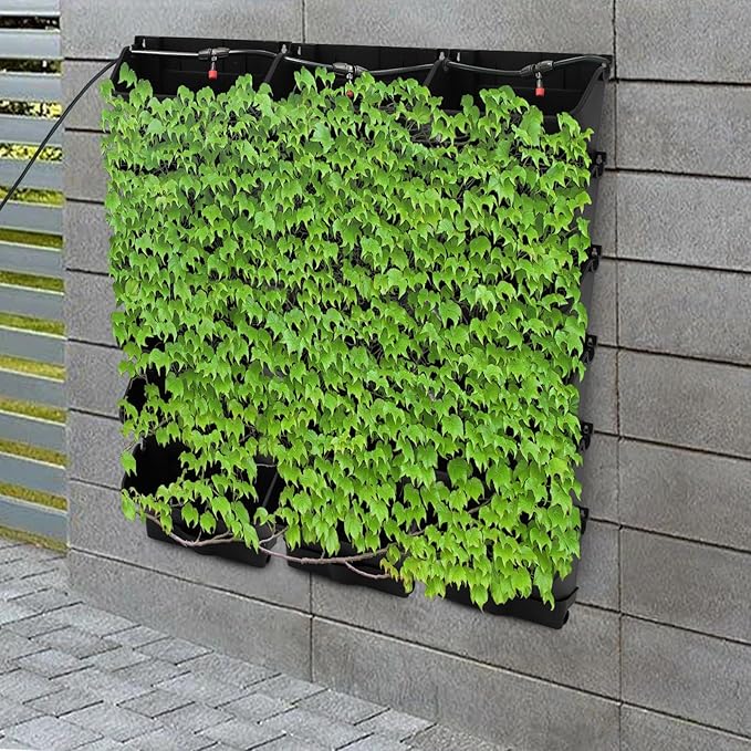 18 Pots Vertical Garden Wall Planter, Self-Watering Vertical Plant Wall Mounted Flower Pots with Timer & Drain Hose, Plant Vegetable Hanging Pocket Holder (Black)