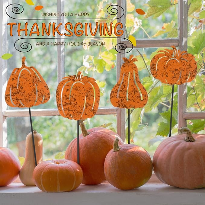 Chunful 4 Pcs Thanksgiving Decorative Garden Stakes Vintage Pumpkin Yard Stakes for Flower Planter Pot Fall Outdoor Rustic Metal Yard Sign Thanksgiving Decorations Autumn Harvest Halloween Patio Lawn