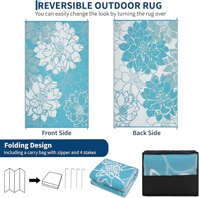 Outdoor Rug 9x12 Reversible Modern Floral Patio Rug Waterproof & Washable Outside Carpet, UV Weather Resistant RV Camping Mat, Durable Plastic Outdoor Carpet for Garden Yard, Blue