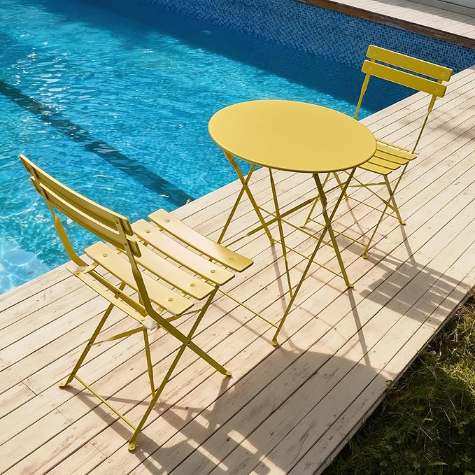 3 Piece Bistro Set, Folding Patio Furniture Set, Outdoor Table and Chairs Set for Patio, Garden, Balcony and Poolside, Yellow