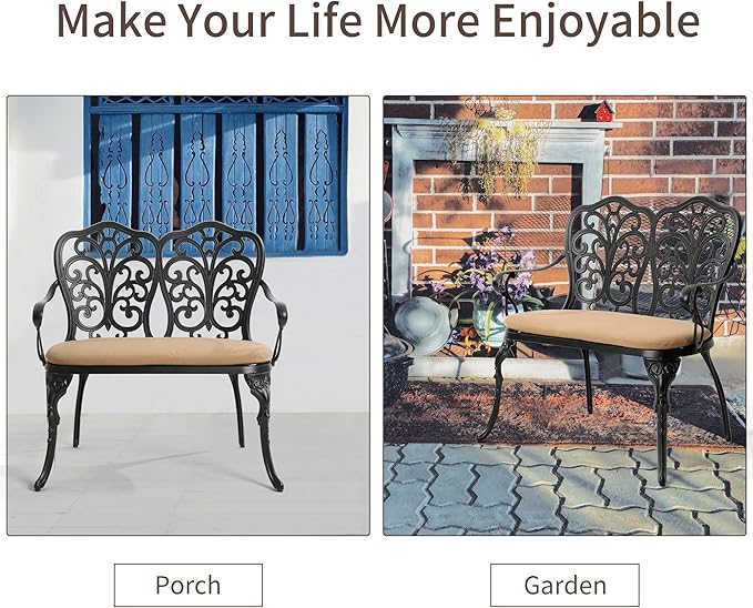 HOMEFUN Outdoor Bench with Cushion - Patio Garden Benches Metal Loveseat Butterfly Cast-Aluminum Outside Furniture for Park Lawn Front Porch Black