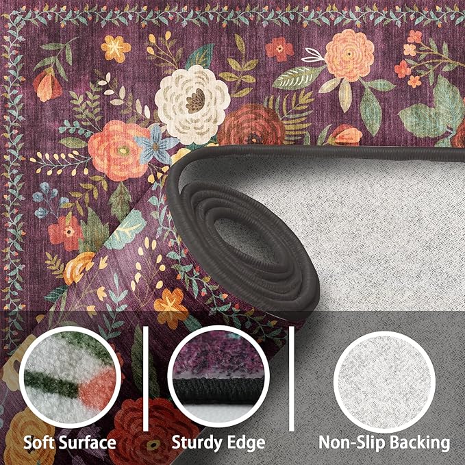 Rug for Hallways Kitchen Rug 2x6, Non Slip Washable Rugs with Rubber Backing Soft Floral Carpet Runner for Hallways, Kitchen, Laundry, Bedroom, Bathroom (2 x 6, Purple Lawn)