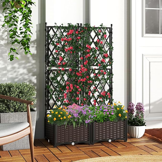 HAPPYGRILL Raised Garden Bed with Trellis, Double Self-Watering Planter Boxes w/Drain Holes for Climbing Vines Flowers Vegetables, Indoor Outdoor Tall Plant Support Privacy Fence for Backyard Balcony