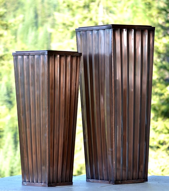 H Potter Tall Ribbed Copper Planters Set of 2 Indoor Outdoor – Antique Copper Stainless Steel Floor Planters with Inserts & Drainage – Large Decorative Entryway Patio Porch Planter Set