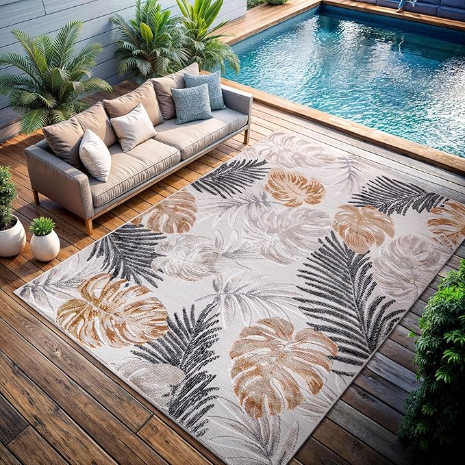 CAMILSON Indoor Outdoor Rug, Yellow 5x7 Leaf Tropical Botanical Area Rugs for Indoor and Outdoor patios, Easy-Cleaning Non-Shedding Living Room, Garden and Kitchen Washable Outside Carpet (5 x 7)