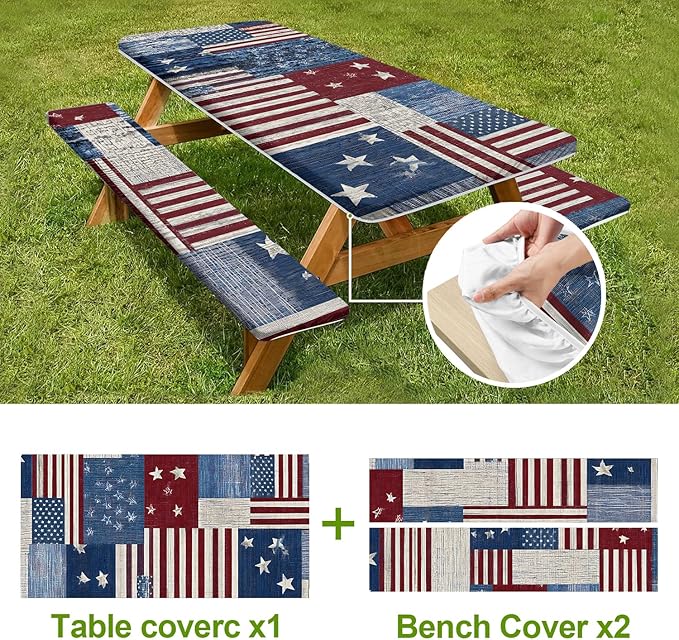 Patriotic Picnic Table Cover with Bench Covers Set of 3 - American Flag Patchwork Pattern, Elastic Fitted Tablecloth for 6 Ft Tables, Washable Polyester Cover for 4th of July, Camping & Outdoor