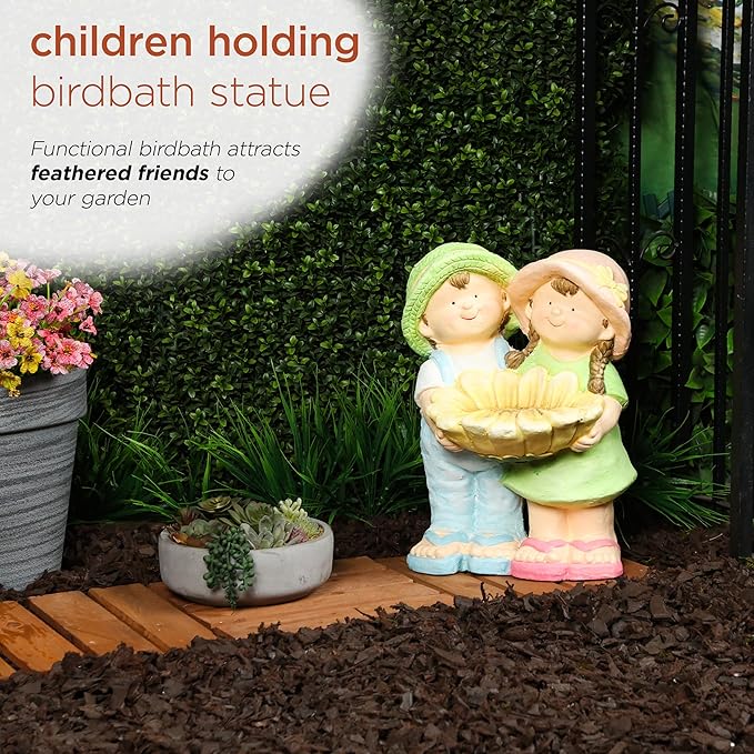 Alpine Corporation QWR1372 Boy and Girl Holding Sunflower Birdbath, Playful Child Statue with Birdbath, 17" H, Multicolor