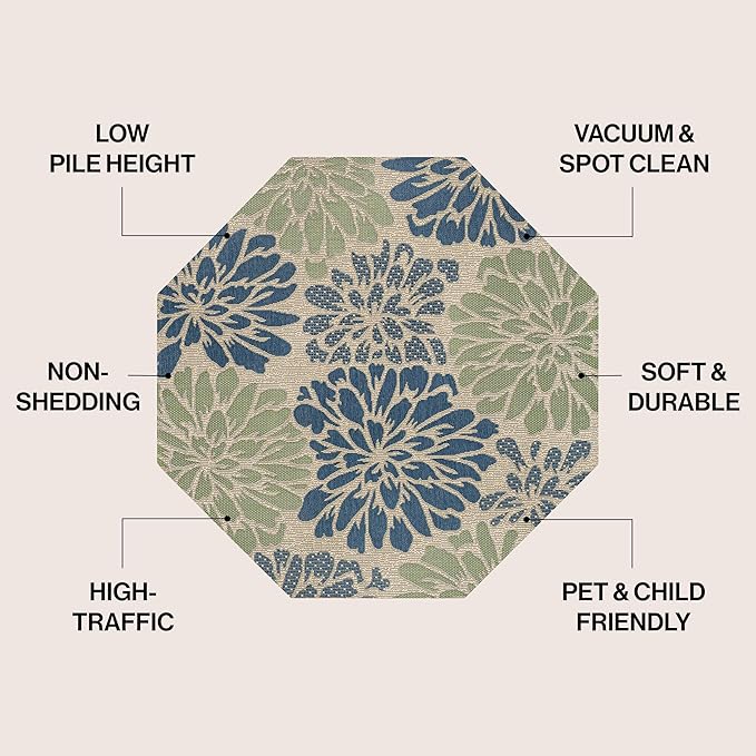 JONATHAN Y Floral Textured Weave Indoor Outdoor Octagon Area Rug 5 Ft Navy/Green, Zinnia Modern for Backyard, Patio, Porch, Easy-Cleaning, High Traffic, Pet-Friendly, Non-Shedding (SMB110B-5TGN)