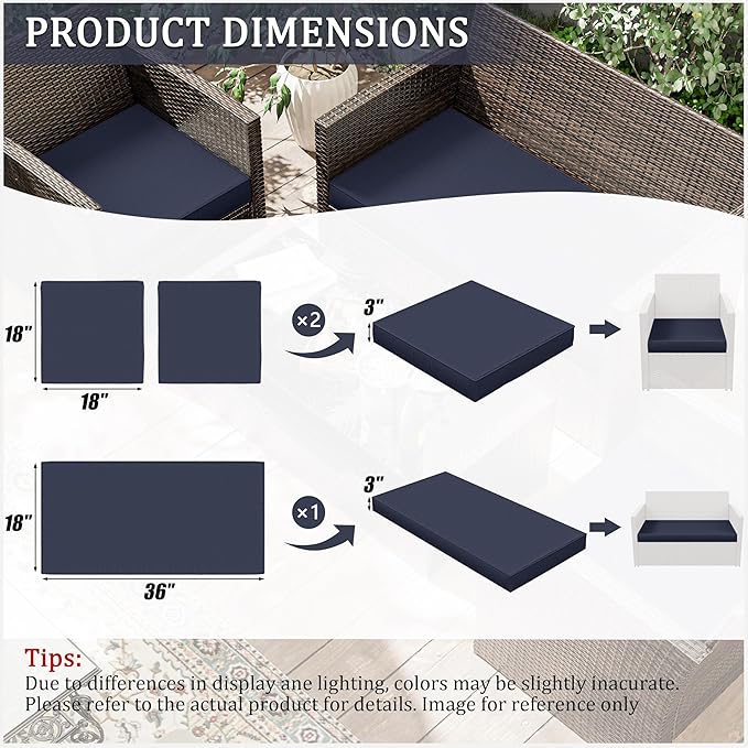 3 Pack Outdoor Replacement Cushions,36L x 18W x 3H,18L x 18W x 3H inch, High-Elastic Replacement Sponge for 4-Seater Water-Resistant Patio/Sofa with Removable Covers (Navy Blue)