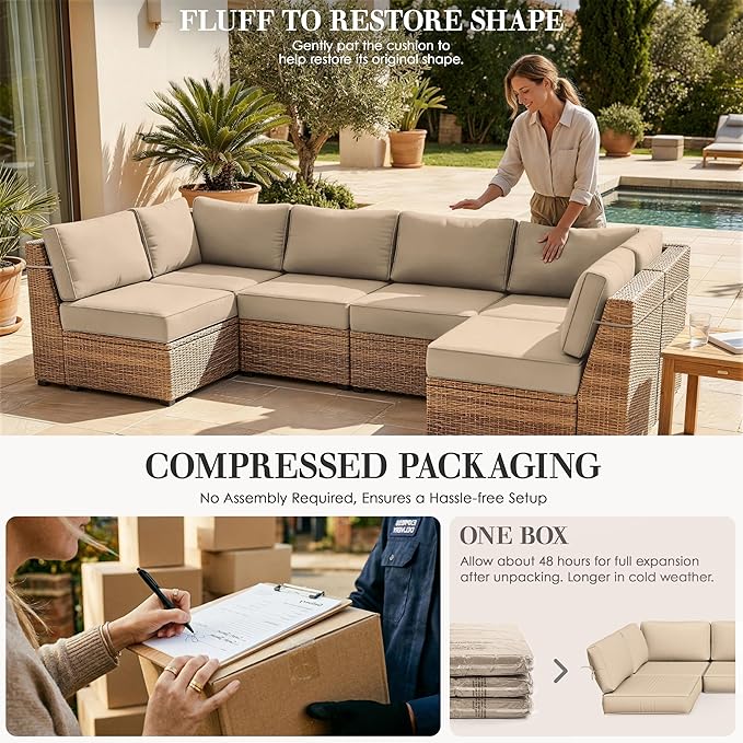 Outdoor Replacement Cushions for Patio Furniture, 5" Foam High-Density, 14-Piece Water-Resistant Outdoor Cushion for 6-Seat Sectional Patio Conversation Sets, Liner&Cover