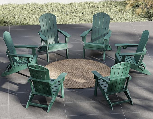 Plawdlik Folding Adirondack Chair Set of 6 with Cup Holder，Wooden Textured ，Heavy All-Weather HDPE Comfortable Set Poolside Backyard Lawn, Green