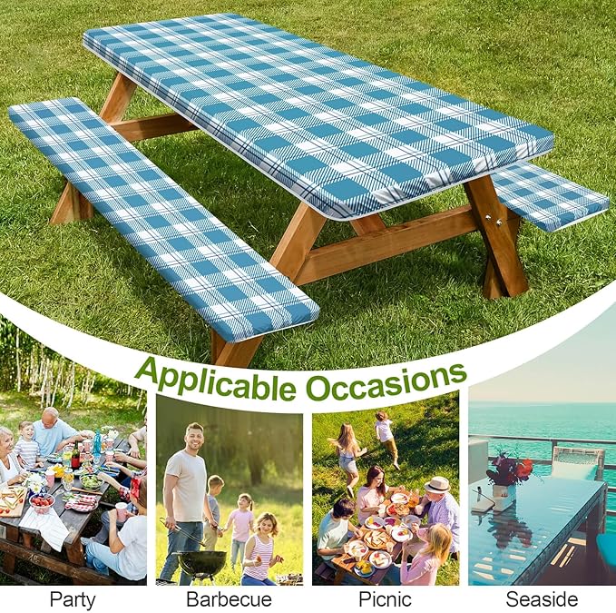 Picnic Table Cover with Bench Covers 6FT 3 Pcs Waterproof Windproof Aesthetic Camping Tablecloth with Drawstring Bag, Fitted for 6 Foot Rectangle Tables and Seats, 72 inch, Teal Checkered
