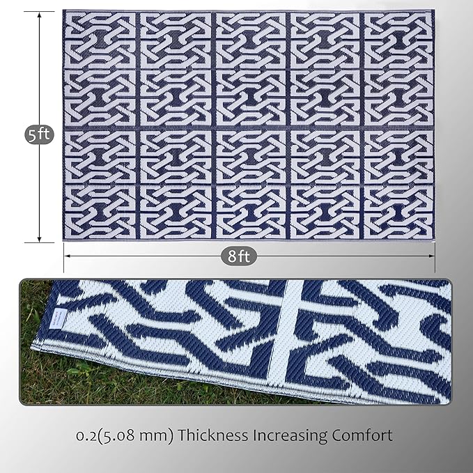 SAND MINE Reversible Mats, Plastic Straw Rug, Modern Area Rug, Large Floor Mat Rug for Outdoors, RV, Patio, Backyard, Deck, Picnic, Beach, Trailer, Camping, Dark Blue & White, 5' x 8'
