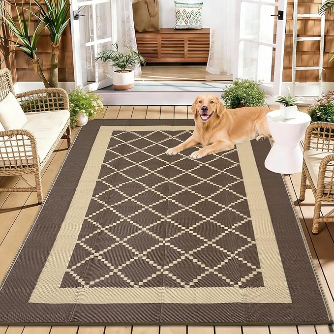 Outdoor Patio Rug 9x18 Waterproof Plastic Reversible Rug Modern UV Resistant Foldable Camping Mat Contemporary Geometric Outdoor Floor Mat for RV Backyard Deck Brown/Coffe