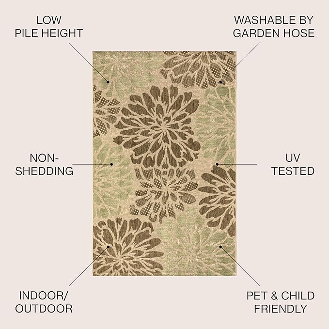 JONATHAN Y Floral Textured Weave Indoor Outdoor Area Rug 3X5 Sage/Brown, Zinnia Modern for Backyard, Patio, Porch, Easy-Cleaning, High Traffic, Pet-Friendly, Non-Shedding (SMB110A-3)