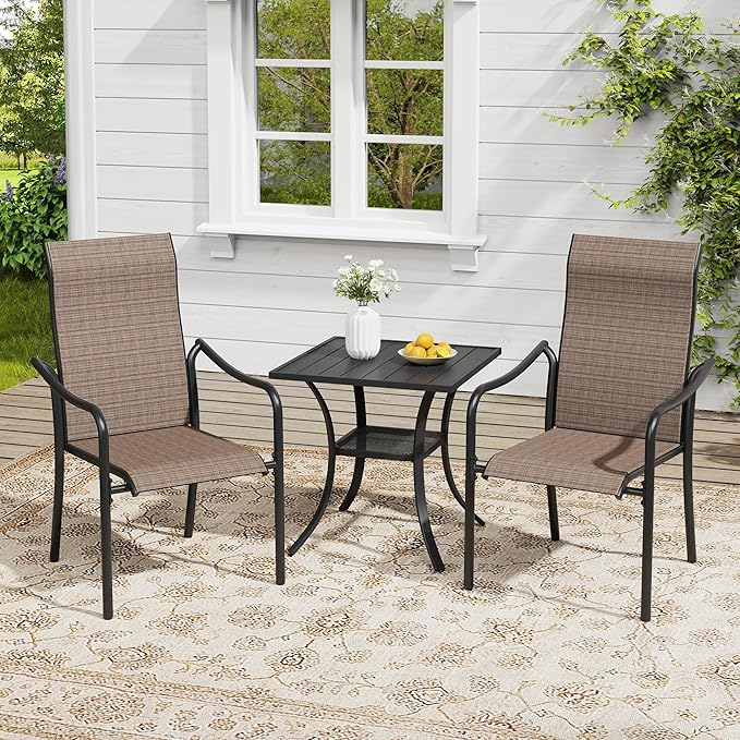 VICLLAX Patio Stackable Dining Chairs Set of 2, Outdoor Sling Chairs with Breathable Fabric and High Back for Balcony Porch Backyard, Brown