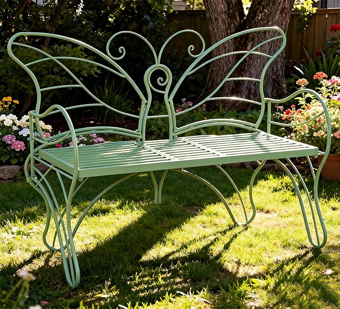 Outdoor Bench Patio Outdoor Garden Bench with Built-in Table, Butterfly Bench for Outside, 3 People Outdoor Bench Garden Bench Front Porch Furniture (Green, 49.2inch)