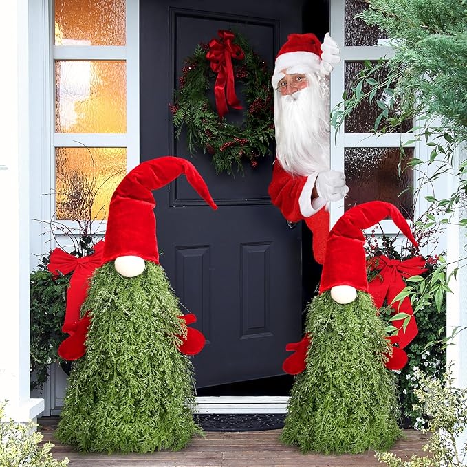 2 Pcs Christmas Gnomes Decorations 26" 22" Gnome Topiary Tree Set Christmas Porch Decor for Indoor Outdoor Home Xmas Front Door Garden Entryway