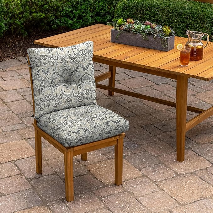 Arden Outdoor Plush Modern Tufted Blowfill Dining Chair Cushion, 21 x 40, Water Repellent, Fade Resistant, Tufted Cushion for Dining and Bistro Chairs, Neutral Aurora Damask