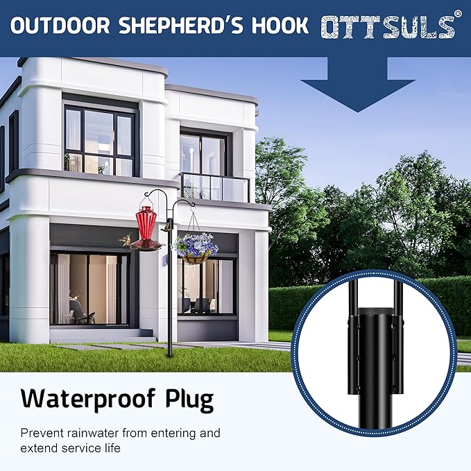 Ottsuls Bird Feeder Pole, 2 Pack 60 INCH Double Shepherds Hooks for Outdoor, Garden Pole with 5 Base Prongs Heavy Duty Planter Hooks for Hanging Plant Baskets, Lantern, Hummingbird Feeder