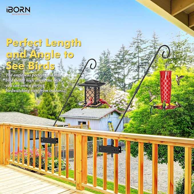iBorn Fence Deck Hook Rail Heavy Duty Hummingbird Feeder Hanger 28 Inch Railing Hanging Hook for Bird Feeder, Suet Baskets, Planters, Wind Chimes, Solid Wire, 180 Degree Rotary, 1 Pack