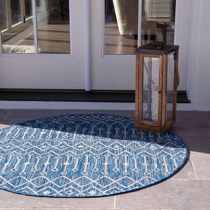 Unique Loom Outdoor Trellis Collection Area Rug - Tribal Trellis (4' 1" Round, Blue/ Ivory)