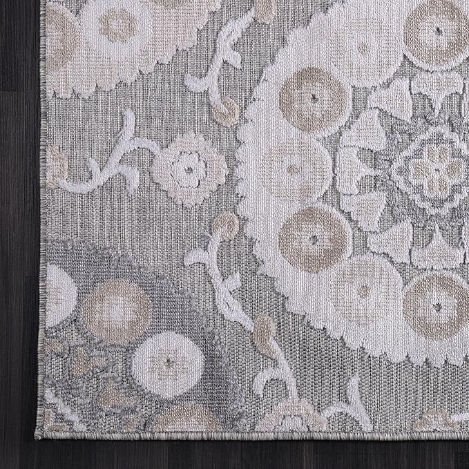 CAMILSON Indoor Outdoor Rug 5x7 Bohemian Medallion Floral Area Rugs for Indoor and Outdoor Patios Easy-Cleaning Non-Shedding Living Room Garden and Kitchen Washable Outside Carpet (5 x 7 / Beige)