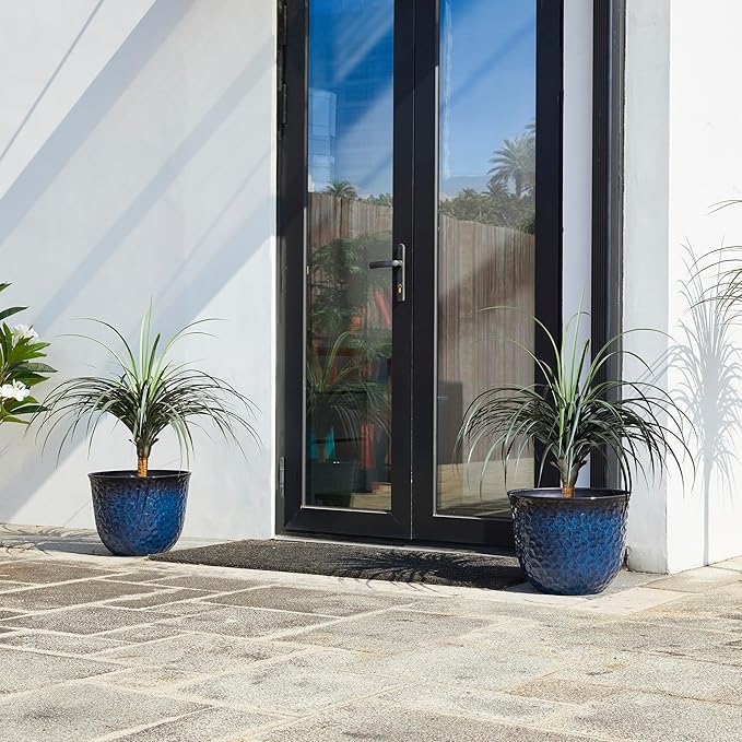 Glitzhome 15.25" D Faux Ceramic Planters, Set of 2 Honeycomb Textured Gradient Cobalt Blue Plant Pots with Drainage Hole, Modern Plastic Round Flower Pots Containers for Home Garden Patio Balcony