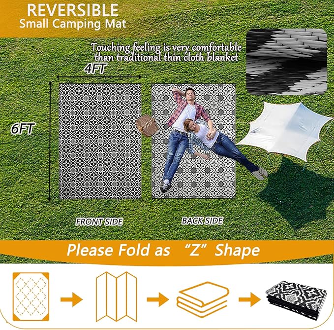 Outdoor Rug Waterproof 4x6 Porch Rug,Outdoor Mat 4x6 Small Balcony Mat,Reversible Plastic Straw Rug, Outdoor Rug for Camping Black and White Outdoor Rugs for Patio, Deck, RV, Camping, Beach, Backyard