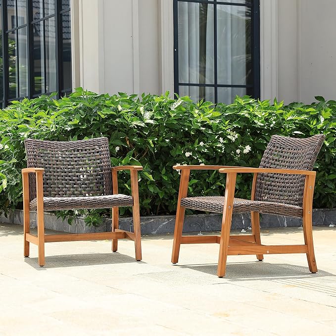 Idzo Liberte 500lbs Capacity Acacia Outdoor Club Chairs Set of 2, FSC Teak Finish Wood Patio Furniture Sets with Upgraded 2000Hours UV Resistant Wicker