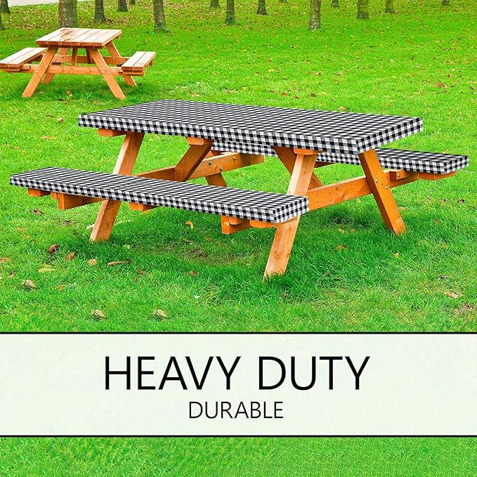 LINPRO 8ft Picnic Table Cover with Bench Covers Vinyl Fitted Picnic Table Covers with Elastic Camping Essentials and Picnic Tablecloth and RV Accessories with Bag