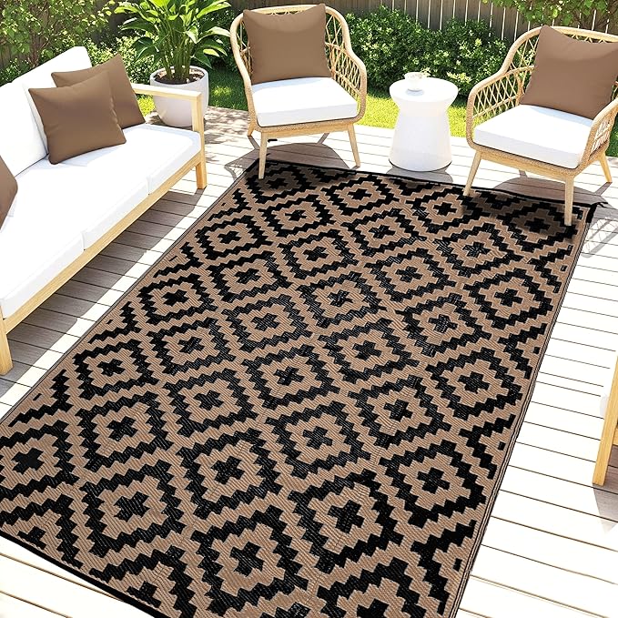 Utopia Home Waterproof Outdoor Rug for Patio 9x12 ft, Reversible Outdoor Plastic Straw Rug for Camping, Outdoor Balcony Rug, Camper Rug, Deck Rug, Outdoor RV Rugs for Under Awning - Black & Brown