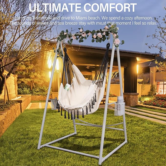 Hammock Chair Hanging Rope Swing & Stand Set with Two Holders, Heavy Duty Hanging Stand with Three Hooks, Multi-Use for Indoor Outdoor Patio Yard Garden(White & Khaki)