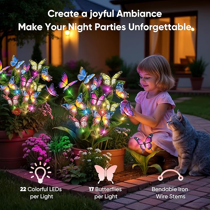 Solar Lights Outdoor Garden Decor: Gardening Gifts for Women Mom - 2 Pack 34 Butterfly Solar Lights with Colorful Bulbs - Outside Waterproof Christmas Decorations for Yard Patio Pathway Porch Lawn