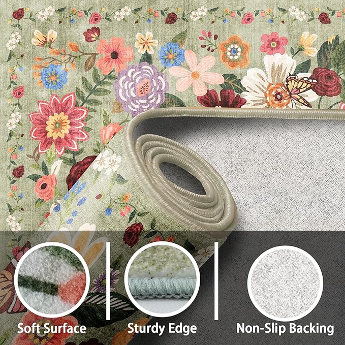 Floral Rug for Entryway, Green 2X3 Washable Kitchen Mat Ultra-Thin Soft, Non-Slip Indoor Door Carpet Stain Resistant Boho Small Low-Pile Throw for Bathroom Bedroom (Green Garden, 2 x 3)