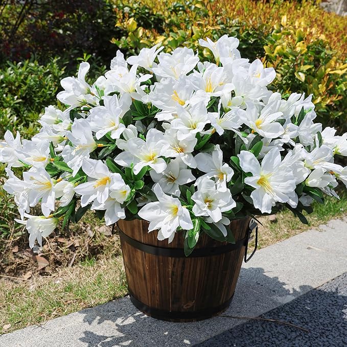 INSPRING Artificial Fake Spring Flowers for Outdoors Decoration, 3 Bundles Faux Azalea Plants Flower Look Real UV Resistant Silk Flowers for Outside Planters Patio Porch Garden Yard Window Home, White