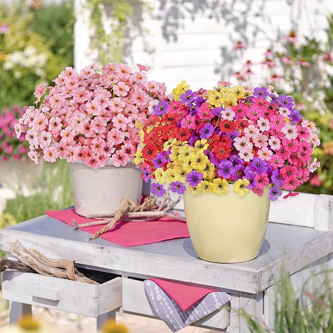 AmyHomie 20 Bundles Artificial Flowers for Outdoor Outside Spring Summer Decoration UV Resistant Faux Flowers No Fade Fake Plastic Plants Garden Porch Window Box Decorating (Pink)