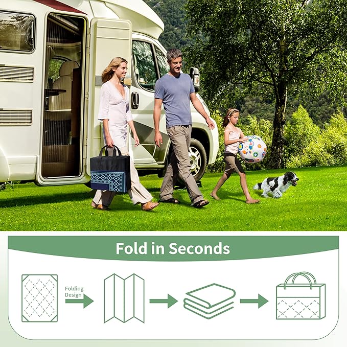 GENIMO Outdoor Rug Waterproof 5'x8' for Patio, Foldable Reversible Plastic Straw Carpet for Travel Trailers, Outside Area Mat for Rv, Deck, Picnic, Porch, Balcony, Beach, Navy Blue & Jade Green