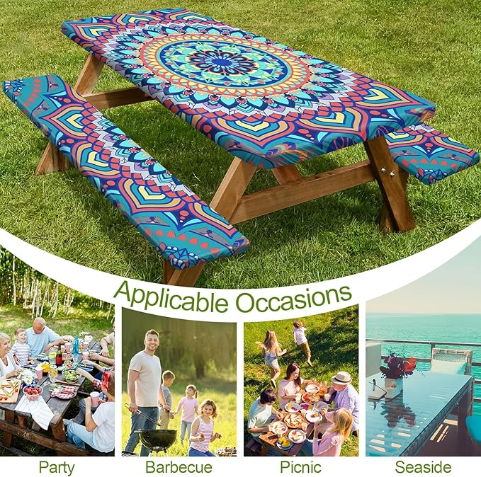 Picnic Table Cover with Bench Covers 6FT 3 Pcs Waterproof Windproof Aesthetic Camping Tablecloth with Drawstring Bag, Fitted for 6 Foot Rectangle Tables and Seats, 72 inch, Yellow Blue Orange