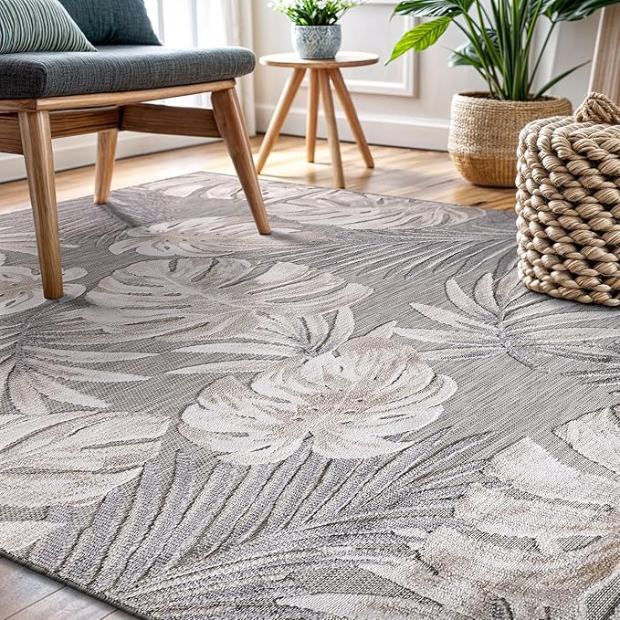 CAMILSON Indoor Outdoor Rug, Beige 4x6 Leaf Tropical Botanical Area Rugs for Indoor and Outdoor patios, Easy-Cleaning Non-Shedding Living Room, Garden and Kitchen Washable Outside Carpet (4 x 6)