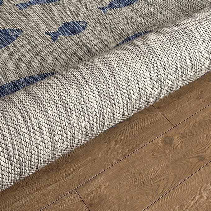 LR Home 8ft Round Indoor/Outdoor Area Rug for Home Decor | Coastal School of Fish Large Size Carpet for Living Room, Bedroom, Playroom, Patio, Garden | Nautical Farmhouse Rug | Gray/Navy