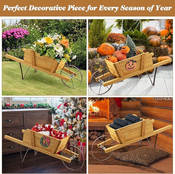 Wooden Wagon Planter, Flower Cart Display Stand w/Metal Wheels & Removable Magnetic Decoration, Wagon Decorative Garden Planter for Plants & Seasonal Displays, Pine Wood (Brown)