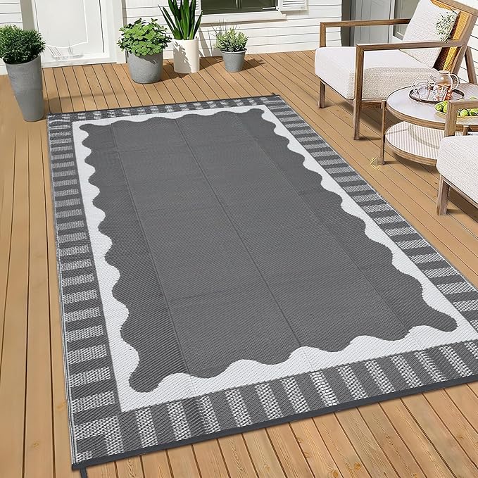 9x12 Outdoor Rug Waterproof Foldable Plastic Straw Carpet for Patio Porch Scalloped Border Reversible Mat Lightweight Floor Mat for Picnic, Backyard, Rv, Beach, Deck, Camper, Balcony，Grey