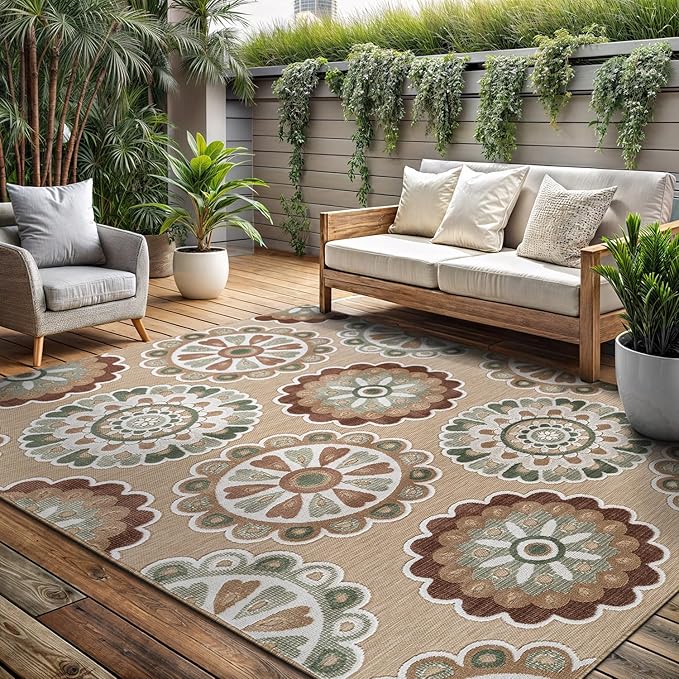 Outdoor Rug 8x10 Washable Area Rugs Indoor Outdoor Carpets Beige Bohemian Medallion Non Shedding Waterproof Easy Clean Patio Deck Porch Living Room Bedroom Garden RV (8 X 10 Beige)