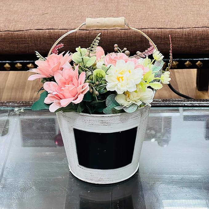 Hosley Set of 2 White Metal Pail with Chalkboard and Plastic Liner 7" Dia x 6" H. Ideal Gift for Floral Arrangements Wedding House Warming Floral Planter DIY Craft Home Office Party Garden Patio