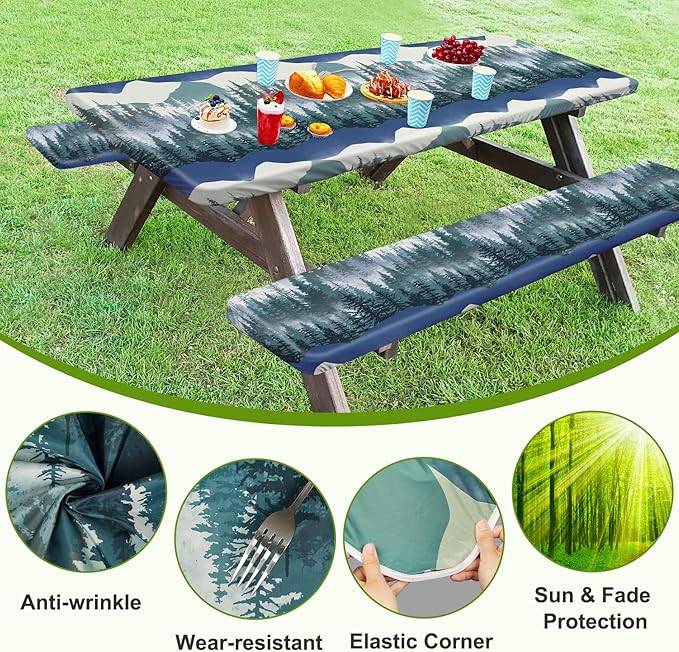 ICOSY Picnic Table Cover with Bench Covers 30 x 72 inch, Windproof Camping Essentials Table Cloths Fitted Rectangle Tablecloth for 6 Foot Tables, Camping Gifts Accessories for RV Campers