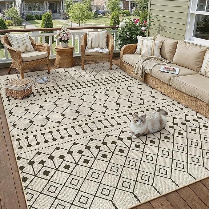 HUGEAR 6x9 Outdoor Rug Black/Beige Linen-Look Fabric Boho Area Rug High Traffic Stain Resistant Easy Clean Durable Rugs for Indoor/Outdoor Patio Deck Balcony Porch Garden Courtyard